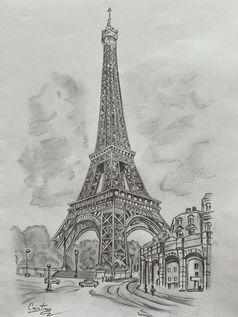 Eiffel Tower Pencil Sketch, Sketch Of Eiffel Tower, Paris Eiffel Tower Drawing Sketches, How To Draw Effiel Tower, Pencil Art Drawings Realistic Landscape, Effile Tower Sketch, French Drawing Ideas, Paris Architecture Drawing, Drawing Of London