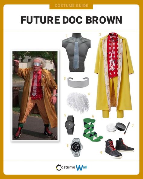 Future Doc Brown Costume Doc Brown Costume, Mens Doctor, White Eyebrow, Yellow Trench Coat, Got Costumes, Future Costume, Eyebrow Pomade, Costume Guide, Watch Green