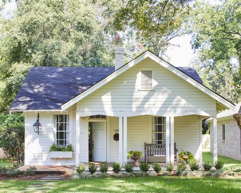 Camellia Cottage - Ashley Gilbreath 1920s Cottage, Antique Kitchen Island, Ashley Gilbreath, Cottage Photography, Black Subway Tiles, Sunlight Photography, Cottage Journal, Blue Shutters, 1920s House