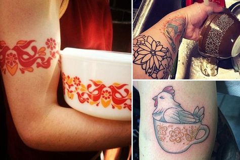 A household staple for years, the Pyrex brand is iconic - and some people have even deemed the goods TATTOO worthy. Pyrex Tattoo Ideas, Pyrex Pattern Tattoo, Pyrex Tattoo Patterns, Pyrex Tattoo, Gooseberry Pyrex, Tooth Tattoo, Pyrex Patterns, Vintage Cookware, Pattern Tattoo