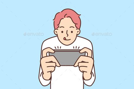 Boy Play Video Game on Mobile Phone Playing Phone Illustration, Playing Video Games Drawing, Mobile Phone Drawing, Mobile Game Art, Phone Advertisement, Walking Cartoon, Hand Holding Phone, Minimal Drawing, Anime Play