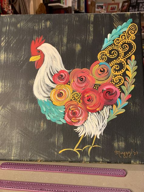 10x10 canvas Kitchen Painting Ideas Canvas Diy Art Farmhouse, Floral Chicken Painting, Chicken Canvas Painting Easy, Chicken Coop Mural Ideas, Chicken Paintings On Canvas, Diy Sip And Paint Canvas Ideas, Chicken Coop Painting, Chicken Painting Acrylic, Chicken Canvas Painting