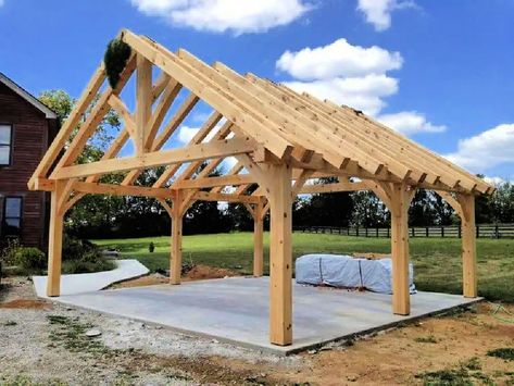 20 Free DIY Pavilion Plans and Ideas to Build for Backyard Wooden Carports, Timber Frame Plans, Timber Frame Pavilion, Diy Carport, Pavilion Plans, Carport Plans, Gazebo Plans, Timber Frame Construction, Backyard Buildings