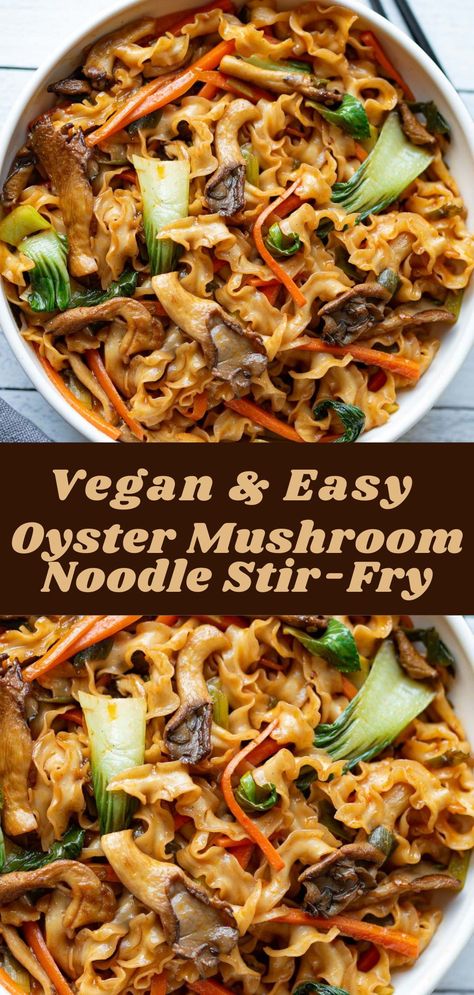 Mushroom Noodle Stir Fry, Mushroom Stir Fry Vegetarian, Asian Oyster Mushroom Recipe, Oyster Mushroom Noodles, Asian Oyster Mushrooms, Vegan Asian Mushroom Recipes, Easy Vegan Noodles, Raw Vegan Noodles, King Oyster Mushroom Recipe Stir Fry