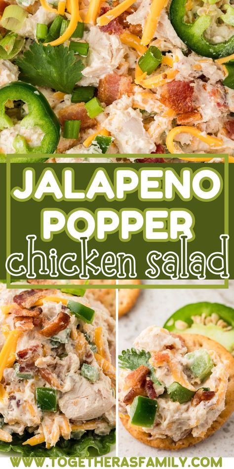 Jalapeño Popper Chicken Salad is mildly spicy, super creamy, and loaded with all the things you love about classic jalapeño poppers. This chicken salad gets dressed up with cream cheese, cheddar cheese, bacon, and jalapeños. Serve inside buttery and flakey croissants! Chicken Salad With Jalapenos, Jalapeño Chicken Salad, Chicken Salad Jalapeno, Jalapeno Chicken Salad Recipe, Recipes With Jalapenos, Chicken Recopes, Jalapeno Popper Chicken Salad, Spicy Chicken Salad Recipe, Spicy Chicken Salad