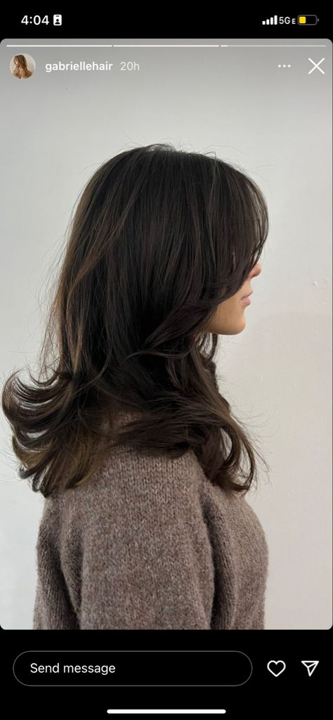 Dark Layered Hair With Curtain Bangs, Dark Brown Wavy Hair With Curtain Bangs, Mid Length Dark Brown Hair Curtain Bangs, Curtain Bangs Dark Brown Hair, Voluminous Layered Hair, Brunette Hair Curtain Bangs, Dark Brown Hair With Curtain Bangs, Curtain Bangs Brunette, Brunette Curtain Bangs