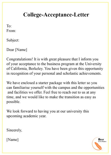 College Acceptance Letter Template – Format, Sample & Examples | Best Letter Template University Acceptance Letter, University Acceptance, Formal Letter Template, College Acceptance Letter, College Letters, Business Letter Format, College Vision Board, A Formal Letter, Letter Template Word