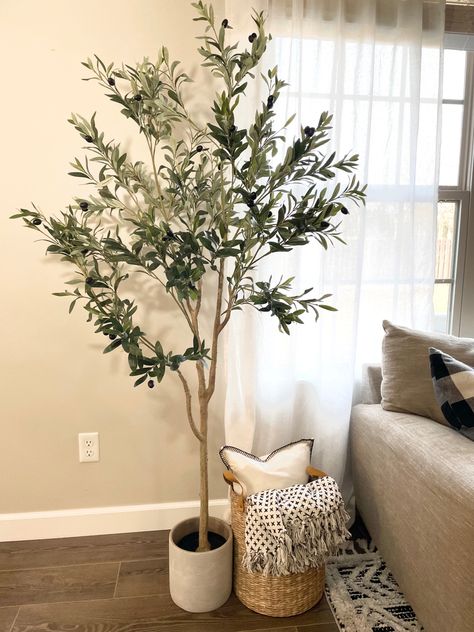 Artificial Trees In Living Room, Olive Artificial Tree, Home Tree Decor, Indoor Fake Tree Decor Living Rooms, Living Room Corner Ideas Plants, Olive Plant Decor, Olive Tree Home Decor, Olive Tree Decoration, Faux Olive Tree Living Room