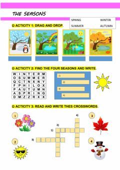 The four seasons Language: English Grade/level: 3rd grade Primary School School subject: English as a Second Language (ESL) Main content: Seasons Other contents: The four seasons English Primary School, Seasons Worksheets, Weather Worksheets, Free Time Activities, Vocabulary Exercises, English Activities For Kids, Seasons Activities, Preschool Activities Toddler, English Worksheets For Kids