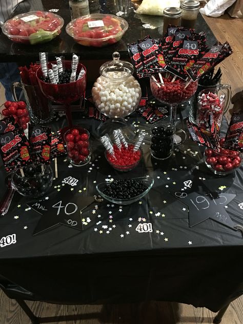 Black Silver Red Party Decor, Sweet 16 Decorations Red And Black, Black And Red Candy Table, Black Party Snacks, Vampire Theme Birthday, Black And Red Birthday Party Decorations, Red Candy Table, Vampire Diaries Birthday Party Ideas, Red And Black Sweet 16