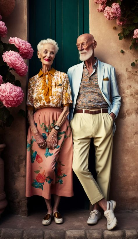 Elder stylisch couple in a mediterranean village Mediterranean Flowers, Vieux Couples, 50s Women, Eccentric Style, Stylish Older Women, She's A Lady, Flowers Blooming, Blouse Skirt, Old Couples