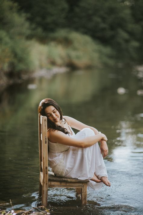 Senior Photos Chair In Field, Senior Picture Ideas Stream, Senior Pictures With Chair, River Poses Photo Ideas, Lake Senior Pictures, River Photoshoot, Sr Photos, Senior Stuff, Fish Earrings