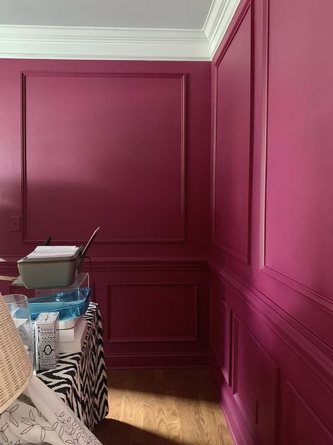 Dark Pink Room, Dark Pink Paint, The Weekend Painting, Magenta Walls, Weekend Painting, Primer Paint, Pink Paint Colors, Chrome Chair, Plant Room