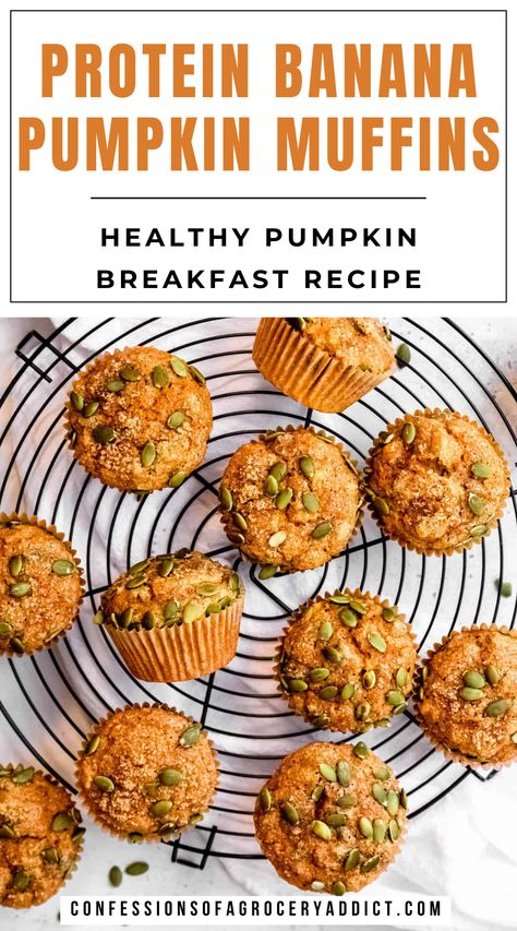 Protein Pumpkin Banana Muffins, Banana Pumpkin Protein Muffins, Pumpkin Banana Protein Muffins, Pumpkin Muffins Protein, Healthy Banana Pumpkin Recipes, Banana Muffins Protein, High Protein Pumpkin Muffins, High Protein Banana Muffins, Healthy Pumpkin Breakfast