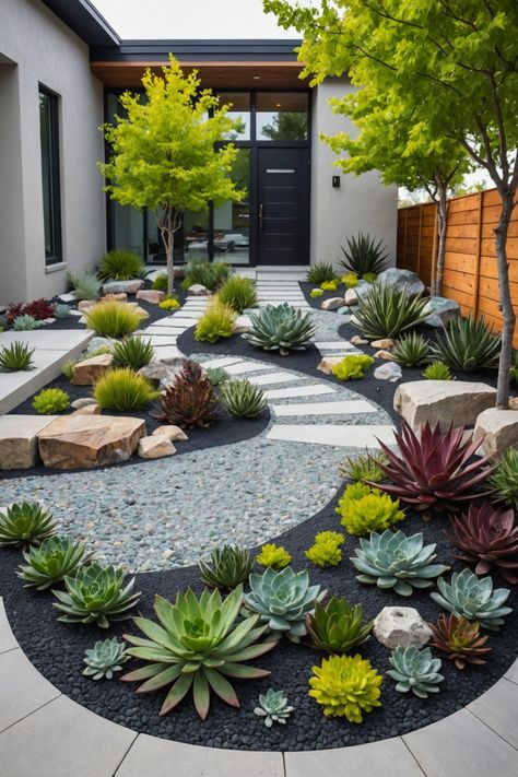 20 Modern Front Yard Landscaping Ideas - Toolz Geek Dg Front Yard Landscape, Modern Xeriscape Front Yard, Pebble Landscaping Ideas Front Yard, Drout Tolerant Landscaping Front Yard, Rock Garden Front Yard, No Lawn Front Yard, Brick Planters, Desert Plants Landscaping, Modern Landscape Design Front Yard