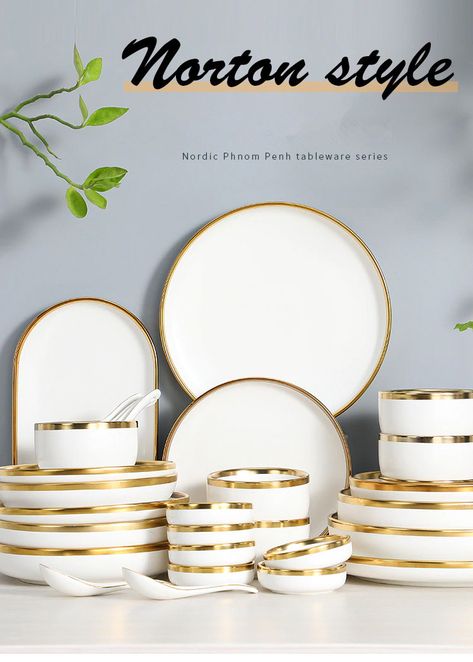 Gilt Rim White Porcelain Dinner Plate Set Kitchen Plate Ceramic Tableware Food Dishes Rice Salad Noodles Bowl Mug Cutlery Set 1p|Dishes & Plates| - AliExpress Dinner Tray, White Tableware, Gold Dinnerware, Kitchen Plate, Ceramic Dinnerware, Ceramic Tableware, Dinner Set, Dinner Plate Sets, Dish Sets