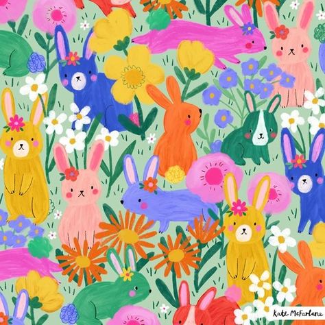 Kate Mcfarlane, Meadow Illustration, Spring Patterns Design, Garden Graphic, Flower Meadow, Kids Pjs, Year Of The Rabbit, Whimsical Garden, Hide And Seek