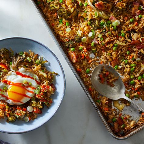 Sheet-Pan Crispy Rice with Bacon Lets Your Oven Do *Allll* the Work For You on Food52 Bacon And Broccoli, Best Rice Recipe, Simple Sides, Slow Carb, Pork Fried Rice, Chinese Vegetables, Sheet Pan Suppers, Arroz Frito, Crispy Rice