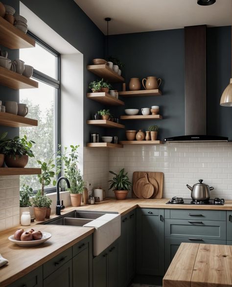 Blue Kitchen Furniture, Small Open Plan Kitchens, Farmhouse Kitchen Inspiration, Closed Kitchen, Green Kitchen Cabinets, Kitchen Decor Apartment, House Design Kitchen, Blue Kitchen, Boho Design