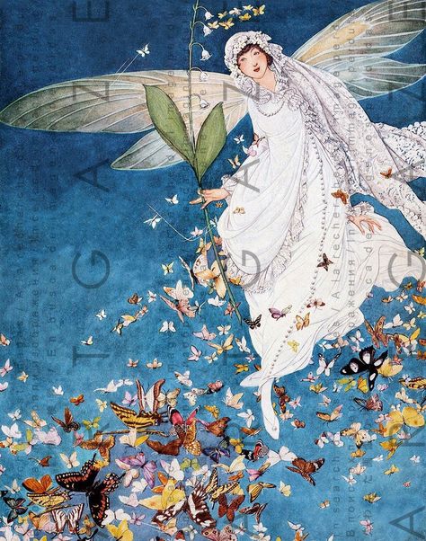 Vogue Illustrations, Vintage Vogue Covers, On The Wings Of Love, Vogue Vintage, Vogue Magazine Covers, Woman In White, Fairy Illustration, Vintage Fairies, Vogue Covers