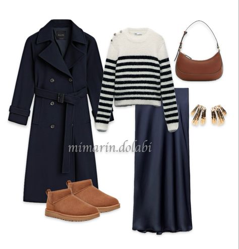 Navy satin skirt, ugg, striped knitwear, gold earrings, navy coat Navy Satin Skirt Outfit, Navy Satin Skirt, Skirt Outfit Inspiration, Satin Skirt Outfit, Striped Knitwear, Winter Ootd, Ootd Winter, Navy Coat, Navy Skirt