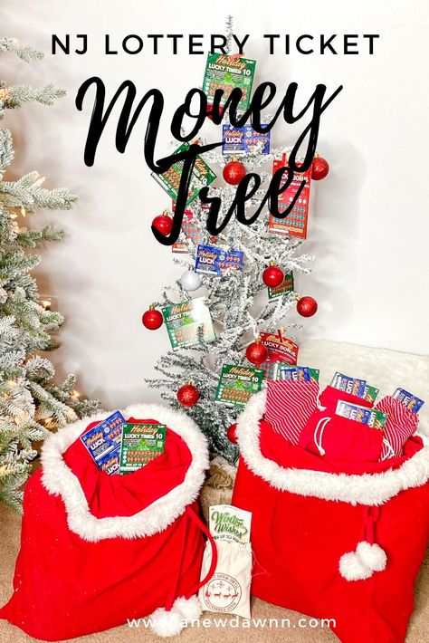 This holiday season give that hard to shop for person on your list the gift of wonder with this NJ Lottery Ticket  DIY Money Tree. This easy to make gift will bring a smile to everyone’s face this year. #BestGifts, #TheGiftThatKeepsOnGiving #ad Diy Money Tree, Scratch Off Tickets, Lottery Ticket, Diy Money, Money Tree, Lottery Tickets, Money Trees, Candy Bouquet, Christmas Pins