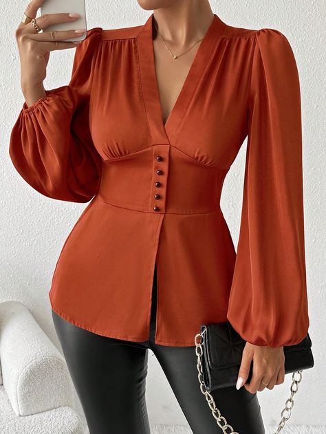 SHEIN Privé Women's Elegant V-Neck Lantern Sleeve Cinched Waist Long Sleeve Blouse, AutumnI discovered amazing products on SHEIN.com, come check them out! Orange Blouse, Blouse Casual, Extra Long Sleeves, Elegant Casual, Elegant Blouses, Plain Tops, Elegant Shirt, Sleeve Cardigan, Lantern Sleeves