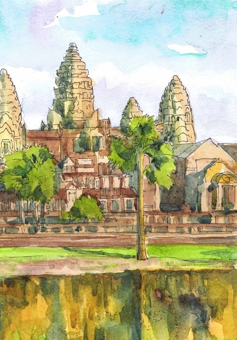 Cambodia Art Print Angkor Wat Wall Art Watercolor Asian | Etsy Cambodia Painting, Cambodia Art, Cambodian Art, Asian Travel, Caribbean Art, Travel Drawing, Wall Art Watercolor, Architecture Drawing Art, Poster Travel