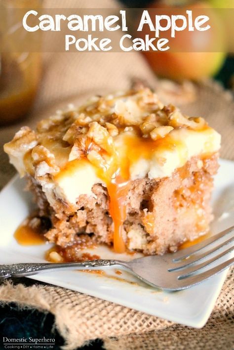 Caramel Apple Poke Cake (easy cake mix recipe) • Domestic Superhero Apple Poke Cake Recipe, Caramel Apple Poke Cake Recipe, Caramel Apple Poke Cake, Apple Poke Cake, Thanksgiving Desserts Kids, Poke Cake Recipe, Fun Thanksgiving Desserts, Chicken Ham, Thanksgiving Desserts Easy