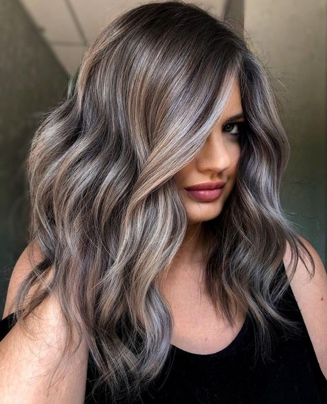 Brown Hair With Silver Highlights, Natural White Hair, Grey Brown Hair, Ash Grey Hair, Dark Grey Hair, Grey Hair Care, Gray Balayage, Grey Hair Transformation, Grey Hair Inspiration