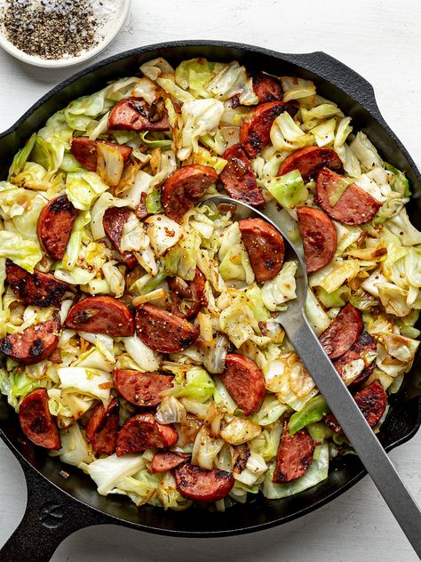 Sautéed Cabbage and Sausage Cabbage Sausage Potato, Sautéed Cabbage, Cabbage And Potatoes, Sauteed Cabbage, Cabbage And Sausage, Kielbasa Sausage, Sausage Dishes, Sausage Potatoes, Fried Cabbage