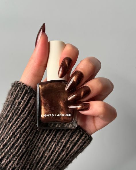 Lights Lacquer, Home for the Harvest 🧺 🐿️ Maple Street, a mahogany brown polish with a fine golden shimmer and magnetic finish • use code COLORNOOK to save on your purchase @lightslacquer • use code THECOLORNOOK to save on your purchase @nominal #lightslacquer #homefortheharvest #fallnails #fallnailcollection #nailpolishswatch #nailswatch #nailinspo #maplenails #brownnails #cateyenails #darknails #magneticnails magnetic cat eye brown maple nails golden shimmer Brown Tiger Eye Nails, Brown Cats Eyes Nails, Brown Cat Eye Nails Design, Dark Brown Cat Eye Nails, Brown Magnetic Nails, Golden Brown Nails, Cat Eye Brown Nails, Brown Velvet Nails, Barca Nails