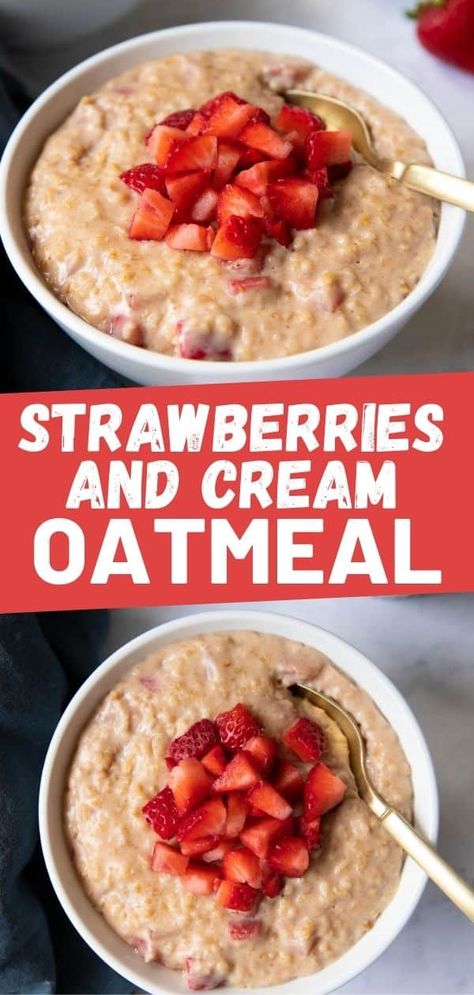 Strawberries and Cream Oatmeal is a great option for breakfast. Oats are mixed with milk and freshly chopped strawberries for a hearty way to start your day. This recipe can be easily adapted to make it vegan and dairy-free too! Oatmeal With Strawberries Healthy, Oatmeal Recipes Strawberry, Fruit And Cream Oatmeal, Homemade Strawberry Oatmeal, Summer Oatmeal Recipes, Strawberry Oatmeal Recipes, Strawberry And Cream Oatmeal, Strawberry Breakfast Recipes, Oatmeal Recipes Breakfast