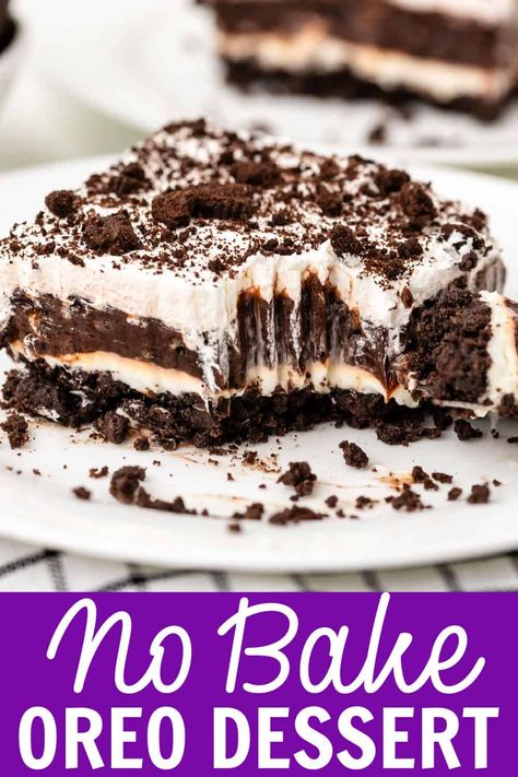 This easy No Bake Oreo Dessert is an irresistible mix of whipped cream, chocolate pudding, Oreo cookies, and a rich cream cheese filling all stacked on an Oreo crust. This is a total crowd pleaser and is one of my family's favorite desserts! Oreo Tart No Bake, Heavenly Oreo Dessert, Oreo Lush Dessert, Recipes With No Bake Cheesecake Filling, Oreo Chocolate Pudding Dessert, No Bake Pudding Desserts, Oreo Pie No Bake, Gluten Free Oreo Dessert, Oreo Cream Cheese Dessert