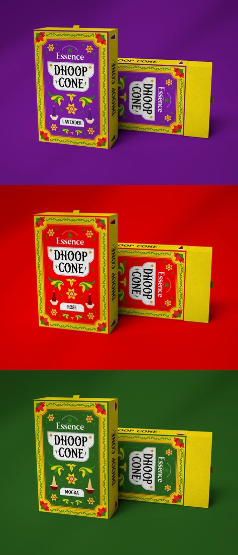 A very unique and colorful packaging design work for Natural Essence Dhoop Cones. Dhoop Cones are a type of incense that is commonly used in India and other parts of the world. They are made by combining various aromatic ingredients such as herbs, resins, spices, and essential oils, which are then shaped into a cone form and dried. Colorful Packaging Design, Spice Packaging Design, Colorful Packaging, Sugar Cones, Natural Essence, Jar Art, Incense Cones, Box Design, Box Packaging