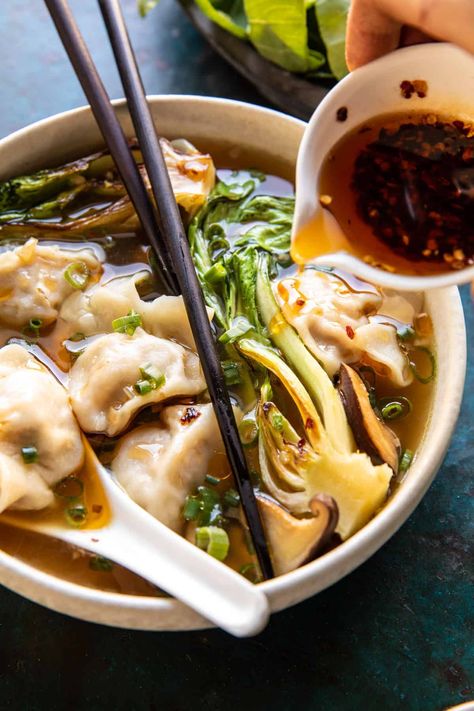 25 Minute Wonton Soup with Sesame Chili Oil | halfbakedharvest.com Sesame Chili Oil, Homemade Wonton Soup, Wonton Soup Recipe, Half Baked Harvest Recipes, Won Ton, Wonton Recipes, Harvest Recipes, Asian Soup, Wontons