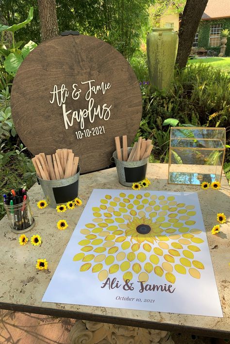 Western Wedding Sunflowers, Sunflower Burlap Wedding, Sunflower Gazebo Wedding, Sunflowers And Pumpkins Wedding, Sunflower Wedding Guest Book, Sunflower Wedding Decor Ideas, Sunflower Reception Decor, Pink Sunflower Wedding, Sunflower Theme Wedding Ideas