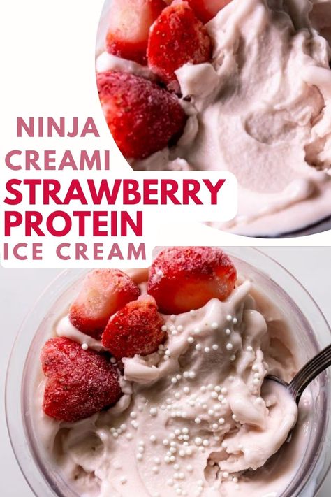 Deliciously refreshing, with just enough sweetness, you'll love this strawberry protein ice cream made in the Ninja Creami. Top it with all of your favorite toppings for a post workout snack or a healthy protein packed dessert. Ninja Creami Protein Ice Cream Recipe Strawberry, Ninja Strawberry Ice Cream, Paleo Ninja Creami Recipes, Strawberry Ninja Creami Recipes, Ninja Creami Strawberry Ice Cream Recipe, Ninja Cremini Recipes Protein, Protein Creami Recipes, Ninja Creami Protein Powder Ice Cream, Ninja Protein Ice Cream Recipes