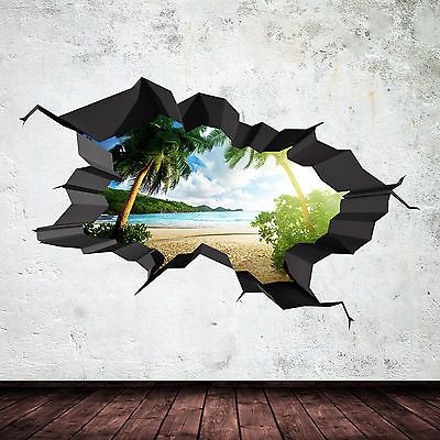 FULL COLOUR PARADISE BEECH OCEAN CAVE CRACKED 3D WALL ART STICKER DECAL MURAL 2 Tropical Wall Decals, Ocean Mural, Beach Room Decor, Colour Wall, 3d Wall Decals, Hostel Room, Cracked Wall, 3d Mural, Tree Decals