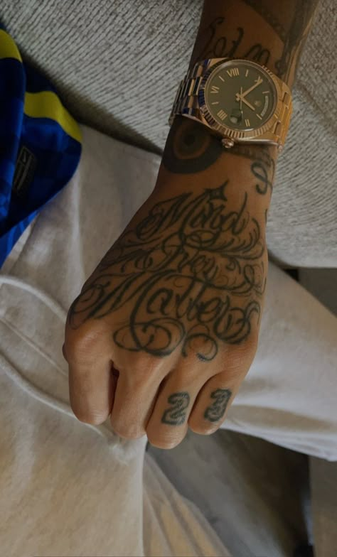 central cee's ig story. Mine Over Matter Tattoo, Mind Over Matter Tattoo, Hand Tatto, Tattoo Over Scar, See Tattoo, Side Neck Tattoo, Vegas Tattoo, Tattoo Lettering Styles, Hand Tats