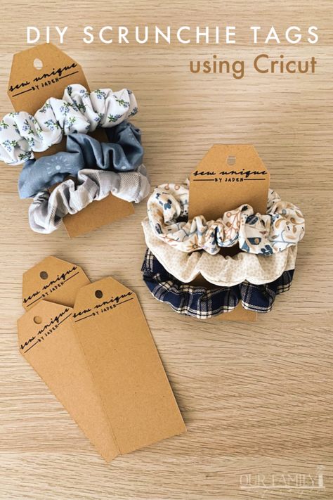 DIY scrunchie tags using Cricut. Start with a label image in Cricut Design Space that can be easily stretched and manipulated to hold a set of about three scrunchies to create your DIY scrunchie tags using a Cricut. #ad #cricutcreated #cricutmade Cricut Scrunchie Tag, Scrunchie Display Cards, Scrunchie Tag Template Free, Scrunchies Size Chart, Scrunchie Designs, Scrunchie Tags, Scrunchie Business, Diy Scrunchie, Diy Hair Scrunchies