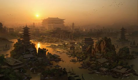 ArtStation - Chinese architecture, chenxi kang Dnd Cities, Asian City, Ancient Chinese Architecture, Madara Wallpaper, Fantasy Cities, Japan Architecture, Chinese Landscape, Fantasy Concept, Chinese Architecture