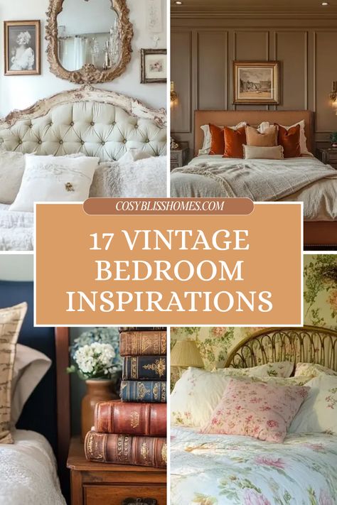 Explore 17 vintage bedroom ideas with inspiring images of ornate mirrors, brass details, floral designs, and vintage books. This pin showcases lovely ideas to create timeless bedroom aesthetics. Mixing Antiques With Modern Bedroom, Vintage Bedroom Curtain Ideas, Vintage Country Bedroom, Vintage Style Bedroom Ideas, Vintage Minimalist Bedroom, Colorful Vintage Bedroom, Vintage Master Bedrooms Decor, Vintage Bedroom Inspiration, Vintage Feminine Bedroom