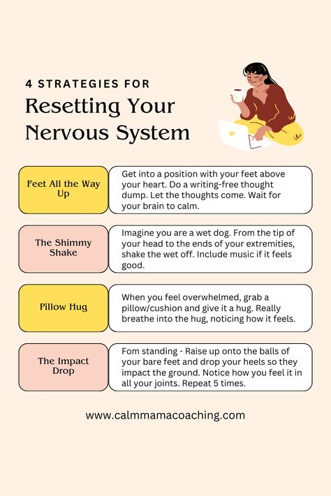 Your body uses the parasympathetic nervous system to calm itself. Your parasympathetic nervous system is a network of nerves that relaxes your body after periods of stress or danger. This process is sometimes called “regulation” or “self regulation”. Intentionally activating the parasympathetic nervous system is a way to teach your body how to reset itself after a stress juice surge. Get 20+ more strategies on the blog. Ways To Reset Your Mind, Vitamins For Nervous System, How To Calm An Overactive Nervous System, How To Heal A Disregulated Nervous System, Nervous System Yoga, Sympathetic Nervous System Overactive, How To Reset Nervous System, Resetting Nervous System, Parasympathetic Nervous System Reset