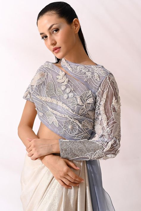 Buy Ivory Organza Hand Embroidered Thread High Neck And Draped Cowl Gown For Women by PIRI INDIA Online at Aza Fashions. Reception Outfits, Cocktail Party Outfit, Blouse Designer, Lehnga Dress, Blazer And Skirt Set, Draping Fashion, Gown For Women, Desi Fashion Casual, Diy Fashion Clothing