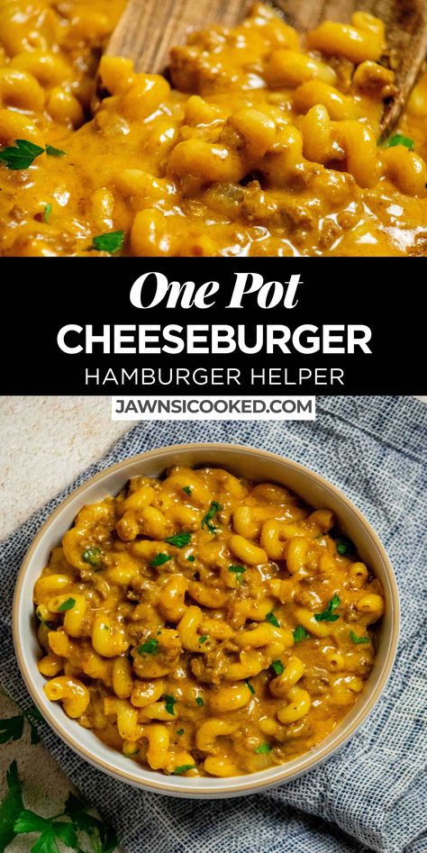 This Homemade Hamburger Helper Cheeseburger Macaroni recipe is way better than the boxed version, and just as easy to make! Ready in just 30 minutes, and loaded with lots of real cheddar cheese! Beef Hamburger Helper Recipes, Ground Beef Mozzarella Pasta Recipes, Cheesy Hamburger Macaroni, Cheeseburger Macaroni Recipe, One Pot Homemade Hamburger Helper, Lightened Up Hamburger Helper, Bats And Cobwebs Pasta, Bacon Cheeseburger Hamburger Helper, Hamburger Parmesan Recipe