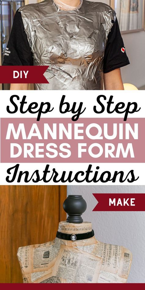 Love a dress form but wondering how to make one yourself? Why not make your own dress form mannequin with duct tape. It is easy to make a custom dress form. This page shows how to make a DIY mannequin stand, body form and head. Decorate your DIY mannequin torso with vintage papers for a unique look. | diy mannequin form | diy mannequin stand | diy mannequin how to make How To Make Mannequin Body Forms, Making A Dress Form, Diy Mannequin Torso, How To Make A Dress Form, Diy Mannequin Form, Homemade Mannequin, Diy Mannequin Stand, Dress Maniquin, Diy Bust