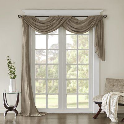 Charlton Home Bruggeman Solid Sheer Rod Pocket Window scarf Size: 42" W x 216" L, Curtain Color: Taupe Scarf Curtains, Scarf Valance, Window Scarf, Contemporary Windows, Home Essence, Sheer Curtain Panels, Sheer Scarf, Tuscan Decorating, Custom Drapes