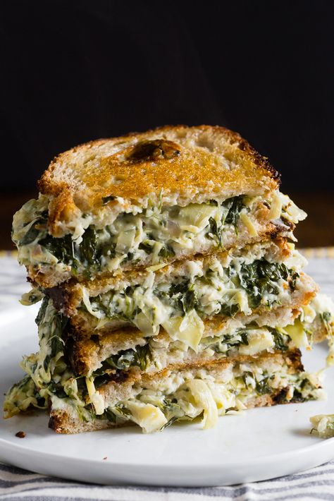 Spinach & Artichoke Grilled Cheese recipe - Inspired by the classic dip, with spinach, artichoke hearts, and three cheeses. The ultimate adult grilled cheese! Artichoke Grilled Cheese, Adult Grilled Cheese, Artichoke Grilled, Grilled Cheese Recipe, Artichoke Recipes, Grilled Cheese Recipes, Artichoke Hearts, Spinach And Cheese, Spinach Artichoke