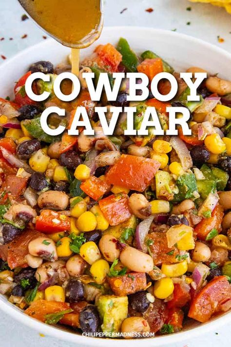 Cowboy Caviar Recipe - Cowboy Caviar is a vibrant salsa-bean salad combo that is perfect for any party. Made with fresh ingredients, this version kicks it up a notch with extra jalapeno peppers and additional spices that make it better than any I've ever had. #Appetizer Restaurant Nachos, Cowboy Caviar Recipe, Cowboy Food, Caviar Recipes, Vegan Party Food, Tomato Avocado, Jalapeno Peppers, Cowboy Caviar, Lake Food Ideas